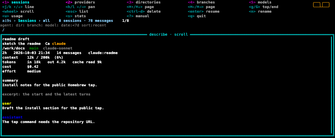 Describe view for an example session, including context and tokens.